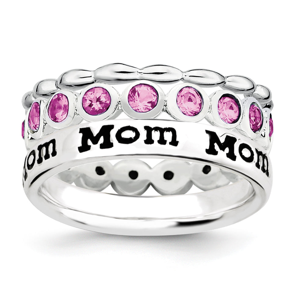 Sterling Silver Stackable Expressions Pink Crystal and Mom Ring Set