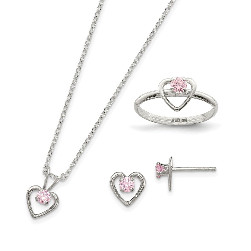 Sterling Silver Polished Pink CZ Heart Children's 15in Necklace, Size 3 Ring & Post Earrings Set