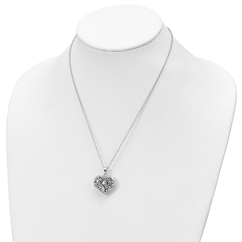 Sentimental Expressions Sterling Silver Rhodium-plated Antiqued CZ Heart Remembrance Ash Holder 18 Inch Necklace