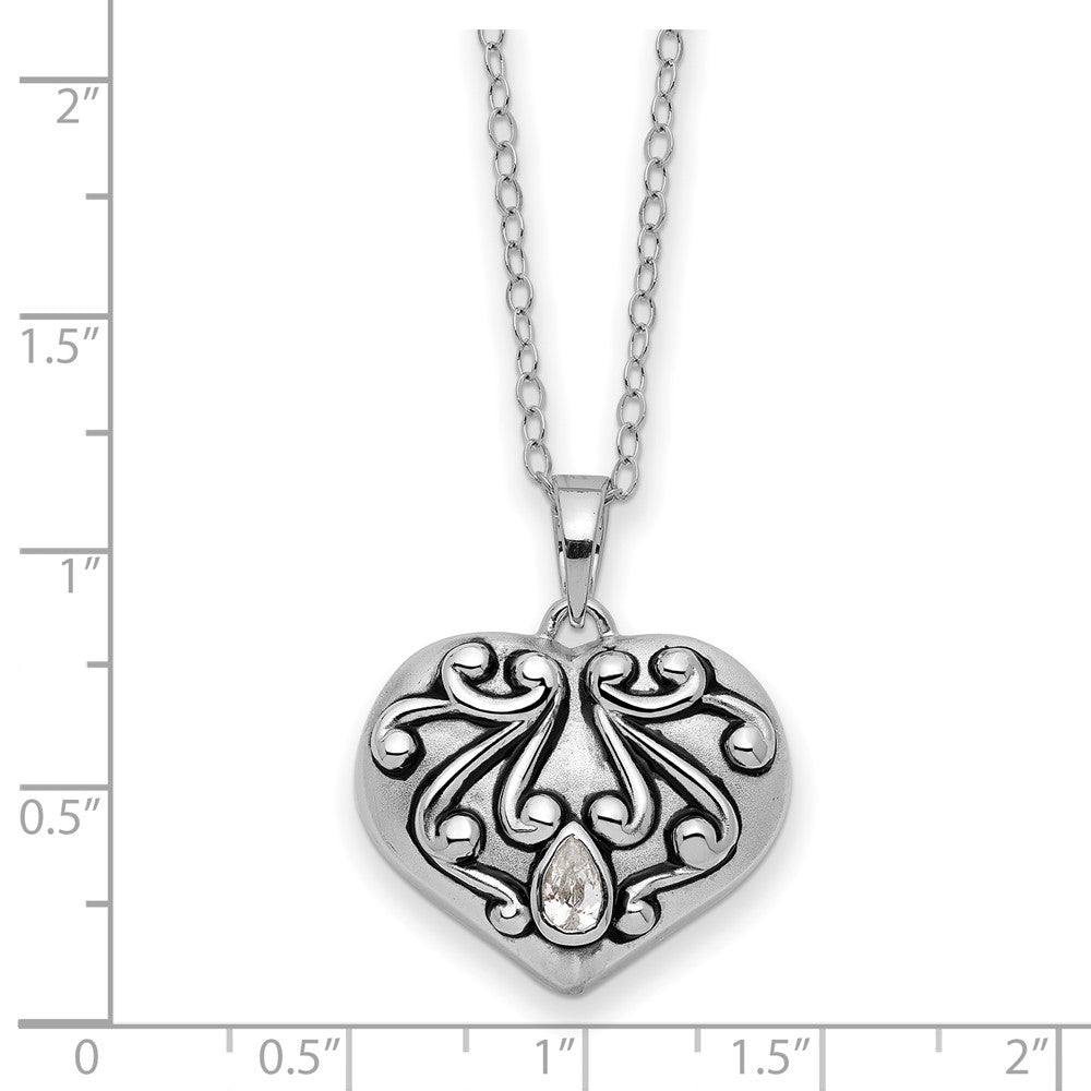 Sentimental Expressions Sterling Silver Rhodium-plated Antiqued CZ Heart Remembrance Ash Holder 18 Inch Necklace