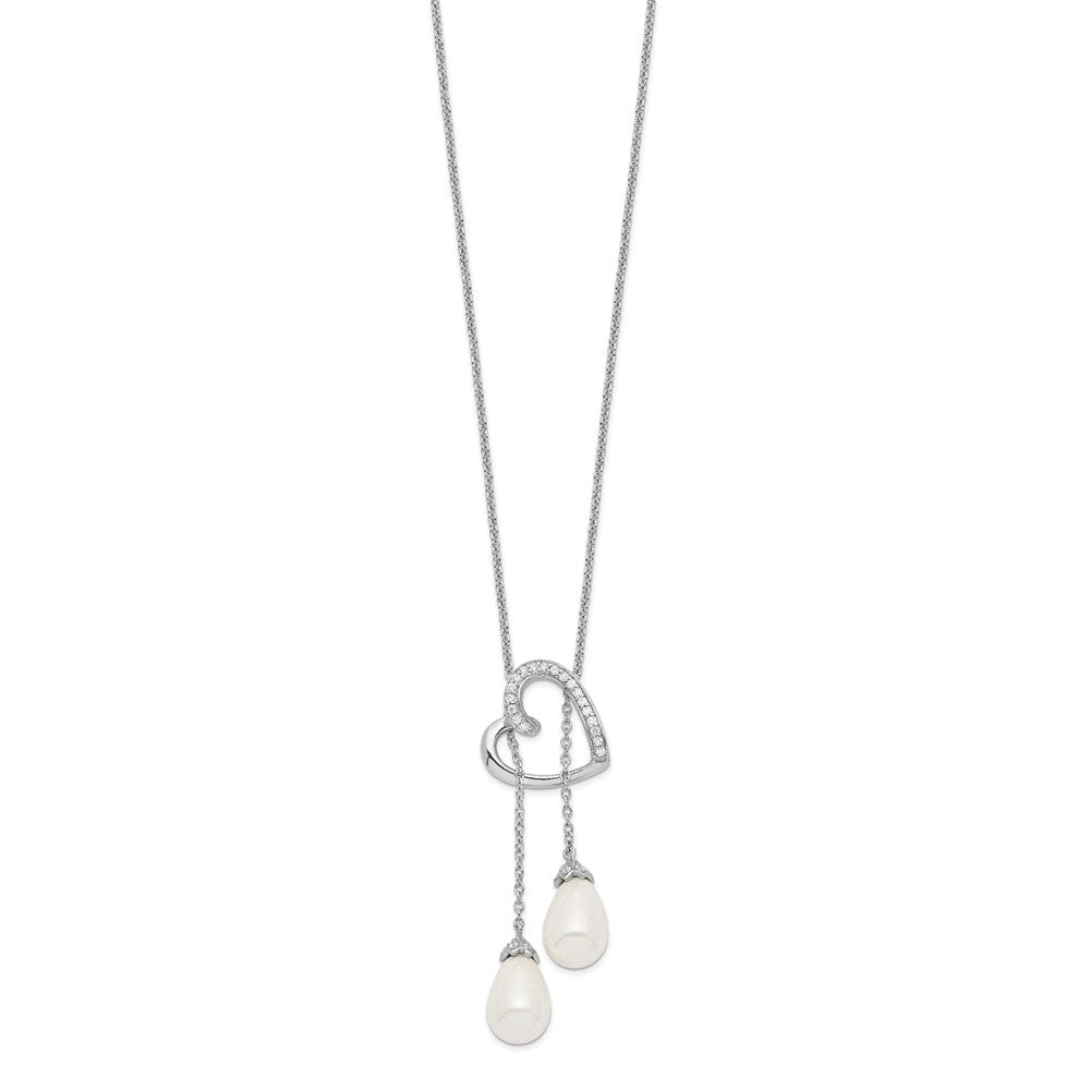 Sentimental Expressions Sterling Silver Rhodium-plated FW Cultured Pearl CZ Two Become One 18in Heart Necklace