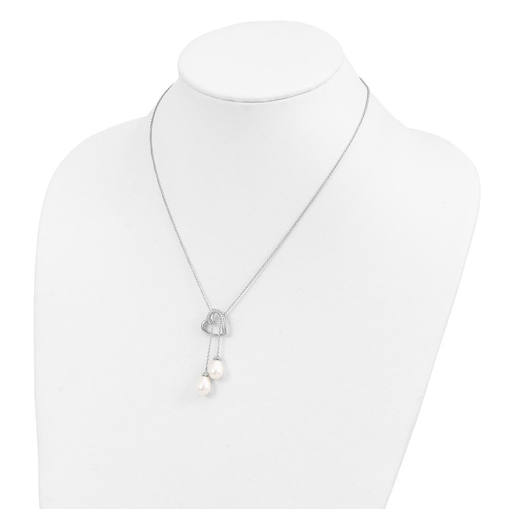 Sentimental Expressions Sterling Silver Rhodium-plated FW Cultured Pearl CZ Two Become One 18in Heart Necklace