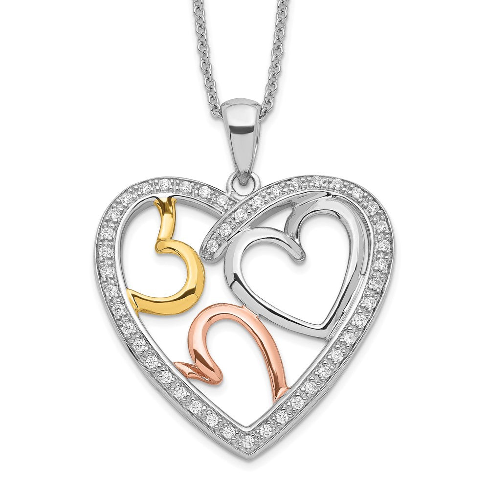 Sentimental Expressions Sterling Silver Rhodium Rose and Gold-plated CZ The Bond of Love Heart 18 inch Necklace with Poem ...