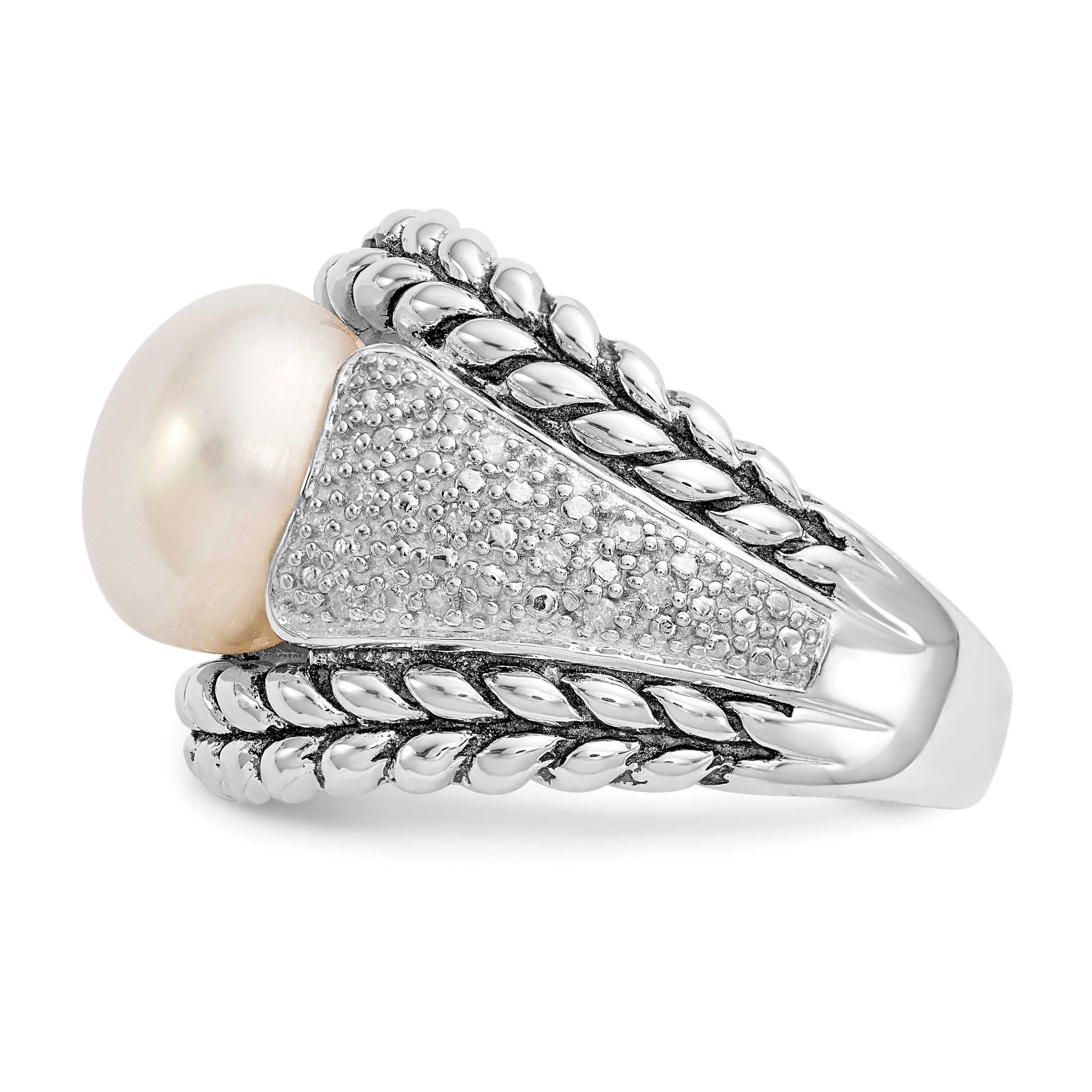 Shey Couture Sterling Silver Antiqued Freshwater Cultured Pearl and Diamond Ring