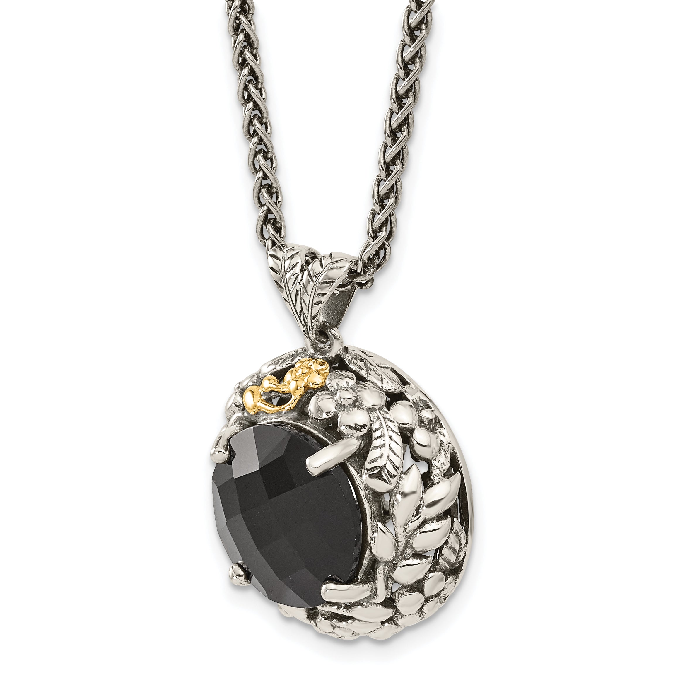 Shey Couture Sterling Silver with 14K Accent 18 Inch Antiqued Checkerboard-cut Black Onyx Necklace