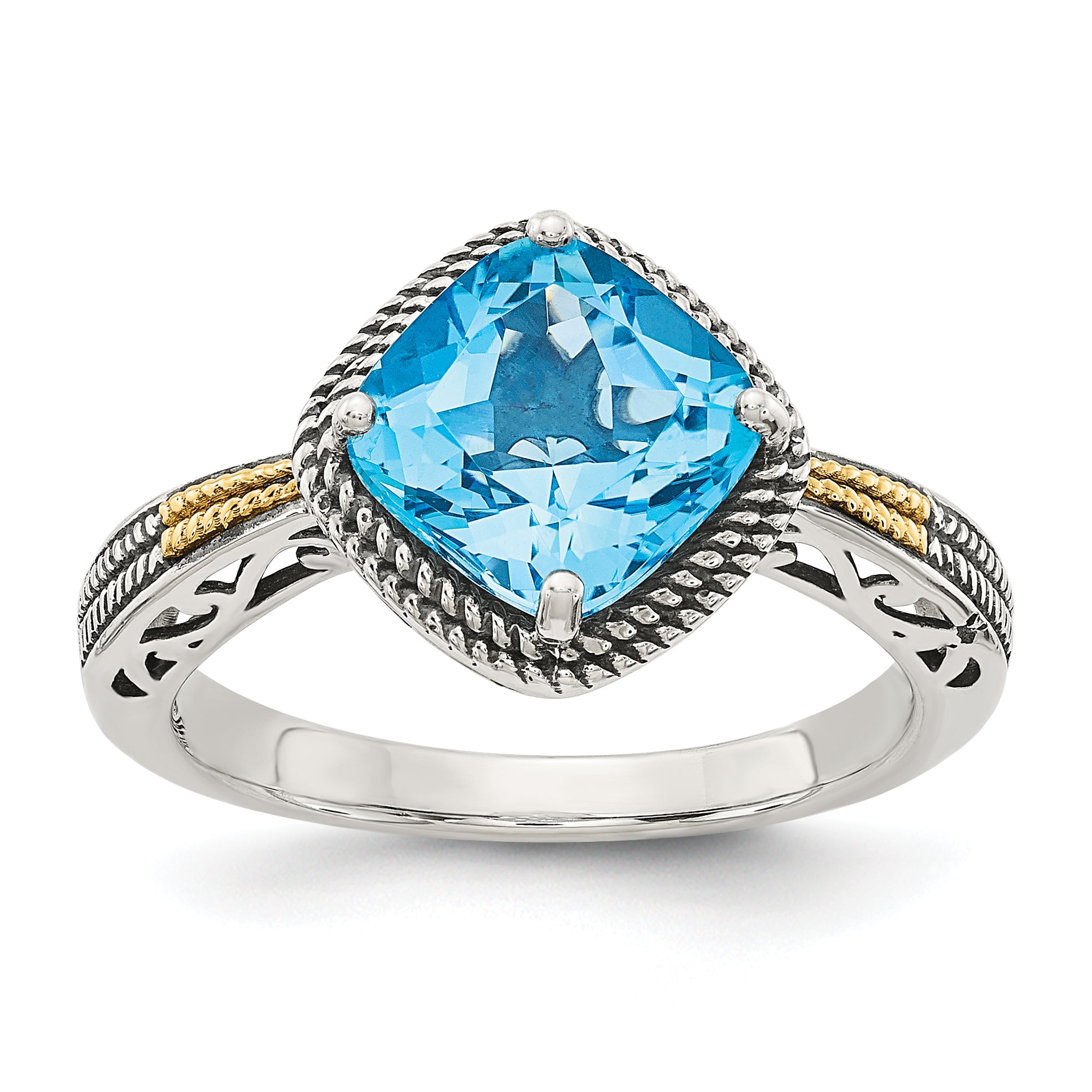 Shey Couture Sterling Silver with 14K Accent Antiqued Cushion Blue Topaz Ring