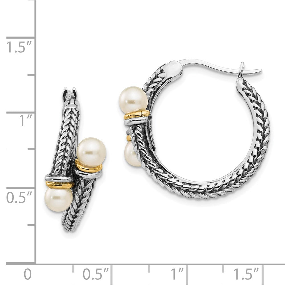 Shey Couture Sterling Silver with 14K Accent Antiqued 4mm Freshwater Cultured Pearl Hoop Earrings