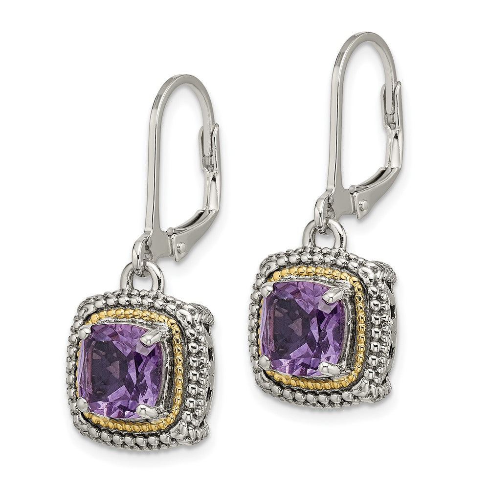 Shey Couture Sterling Silver with 14K Accent Antiqued Cushion Amethyst Leverback Earrings
