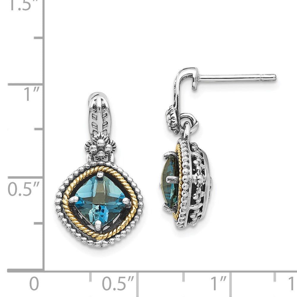 Shey Couture Sterling Silver with 14K Accent Antiqued Cushion London Blue Topaz Post Dangle Earrings