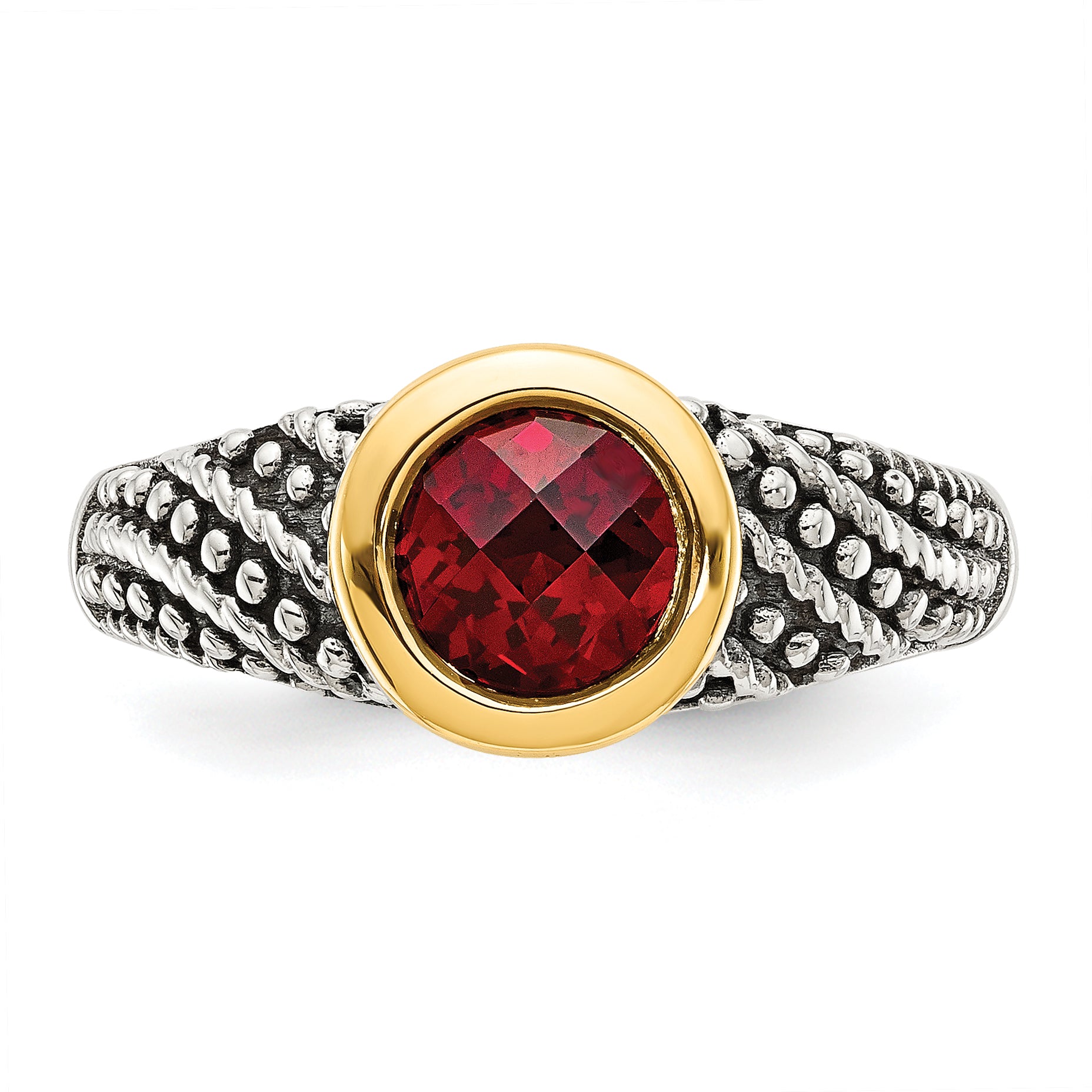 Shey Couture Sterling Silver with 14K Accent Antiqued Round Bezel Garnet Ring