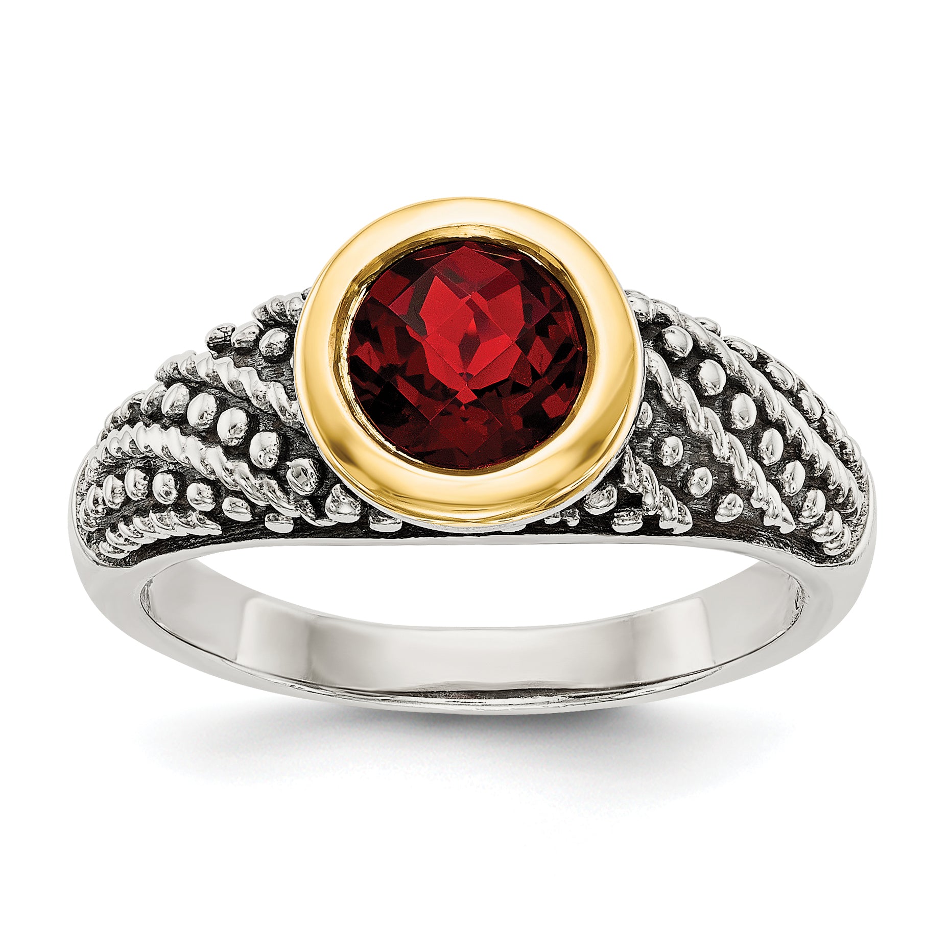 Shey Couture Sterling Silver with 14K Accent Antiqued Round Bezel Garnet Ring