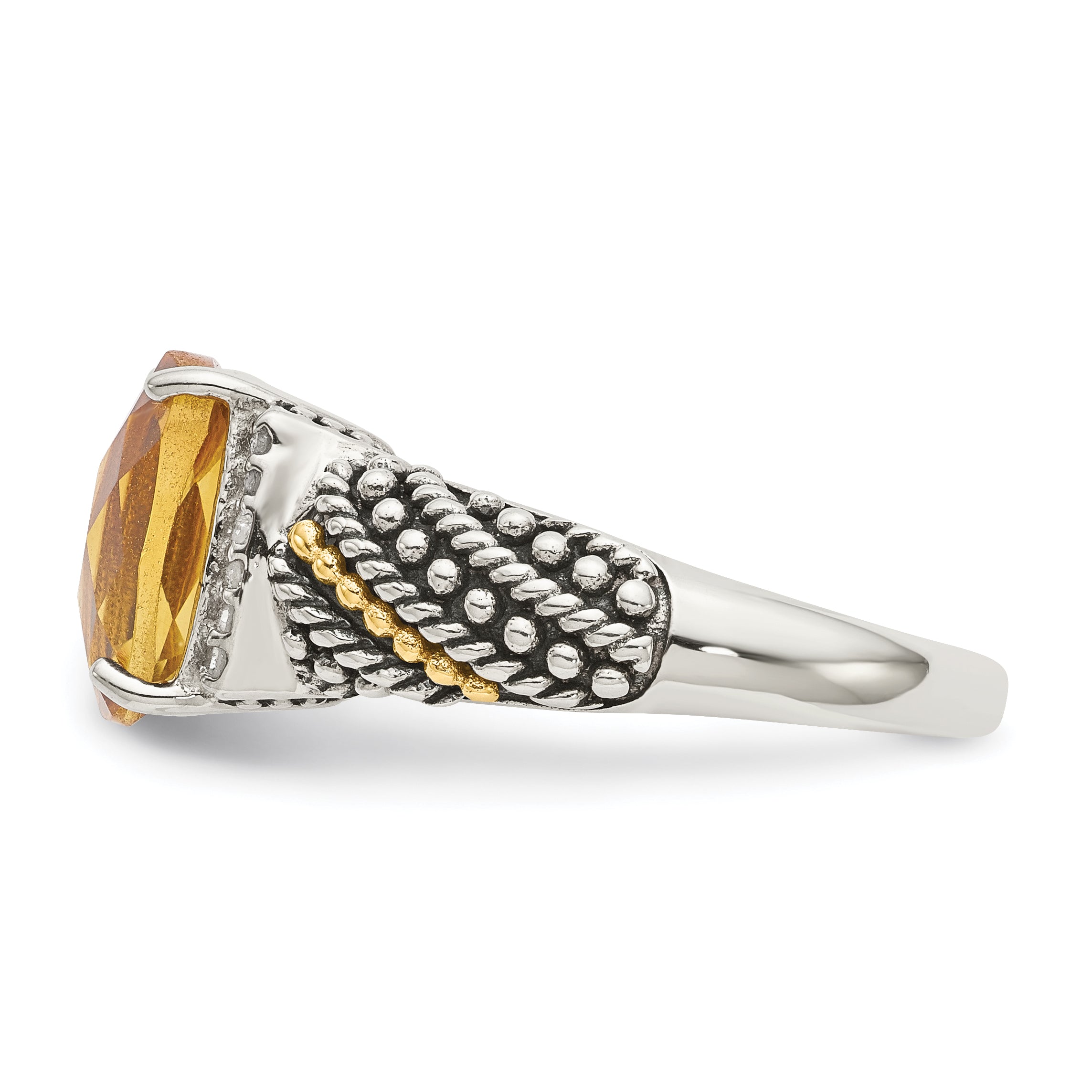 Shey Couture Sterling Silver with 14K Accent Antiqued Diamond and Checkerboard Cushion Citrine Ring