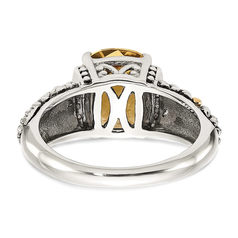 Shey Couture Sterling Silver with 14K Accent Antiqued Diamond and Checkerboard Cushion Citrine Ring