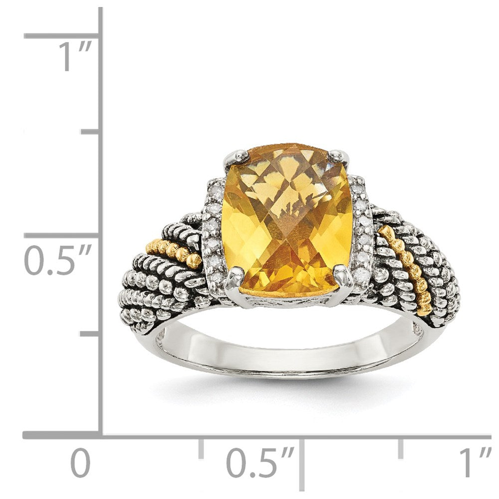 Shey Couture Sterling Silver with 14K Accent Antiqued Diamond and Checkerboard Cushion Citrine Ring