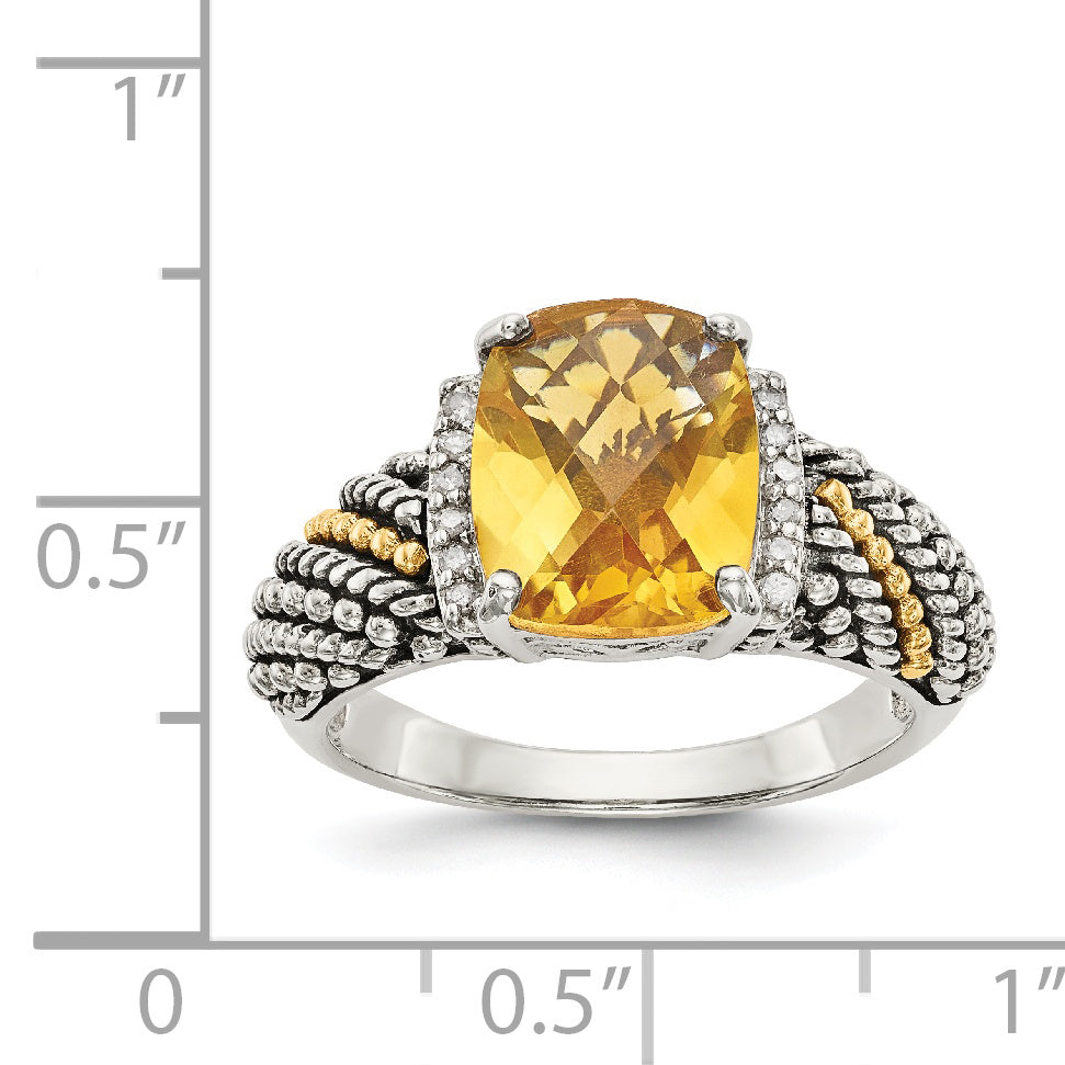 Shey Couture Sterling Silver with 14K Accent Antiqued Diamond and Checkerboard Cushion Citrine Ring