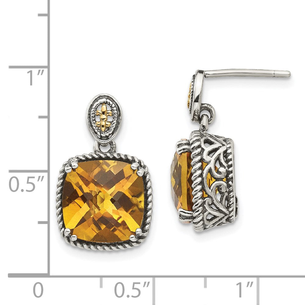 Shey Couture Sterling Silver with 14K Accent Antiqued Cushion Citrine Dangle Post Earrings