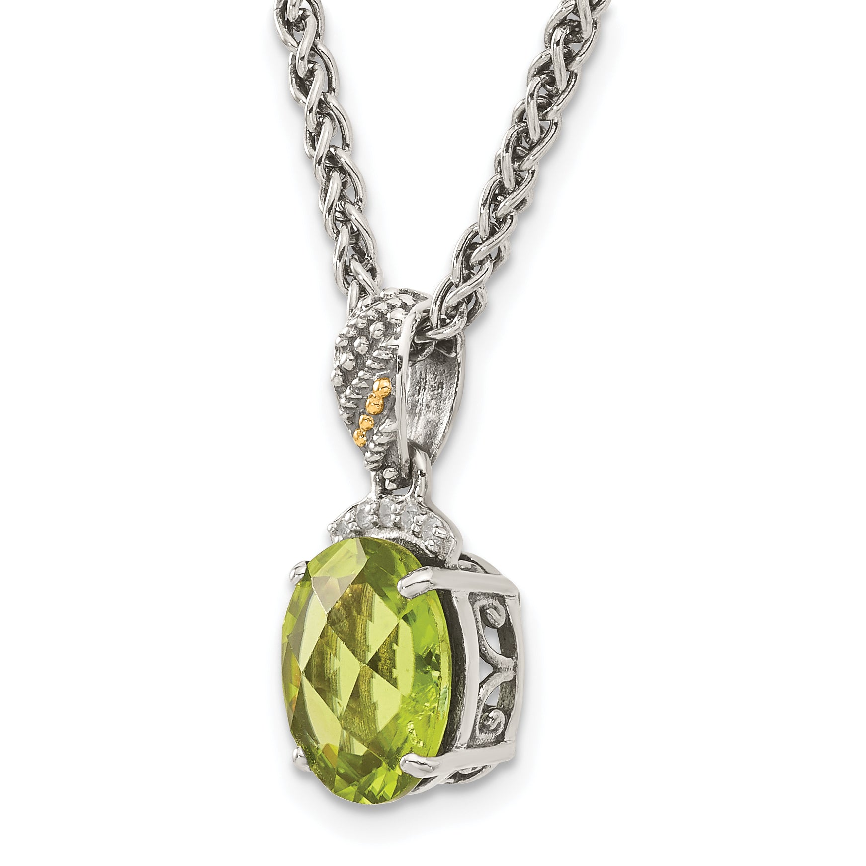 Shey Couture Sterling Silver with 14K Accent 18 Inch Antiqued Oval Peridot and Diamond Necklace