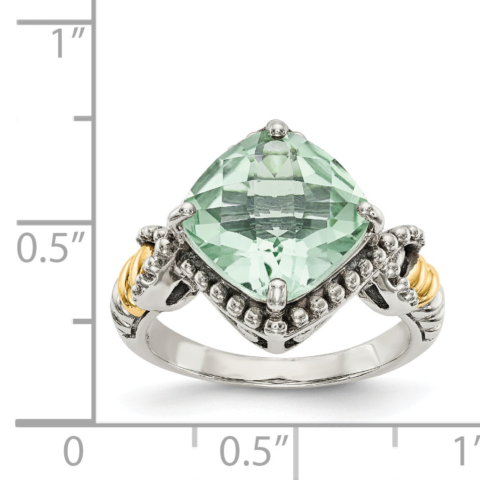 Sterling Silver W/14Ky Green Quartz Cushion Ring