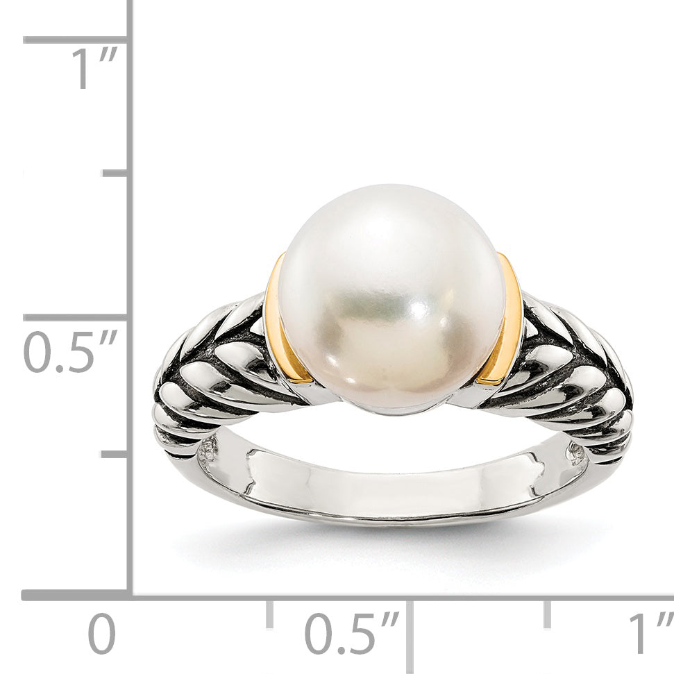 Shey Couture Sterling Silver with 14K Accent Antiqued 10mm Button Freshwater Cultured Pearl Ring