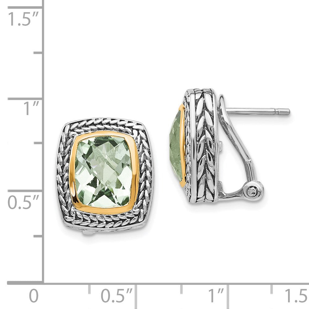 Shey Couture Sterling Silver with 14K Accent Antiqued Cushion Bezel Green Quartz Omega Back Earrings