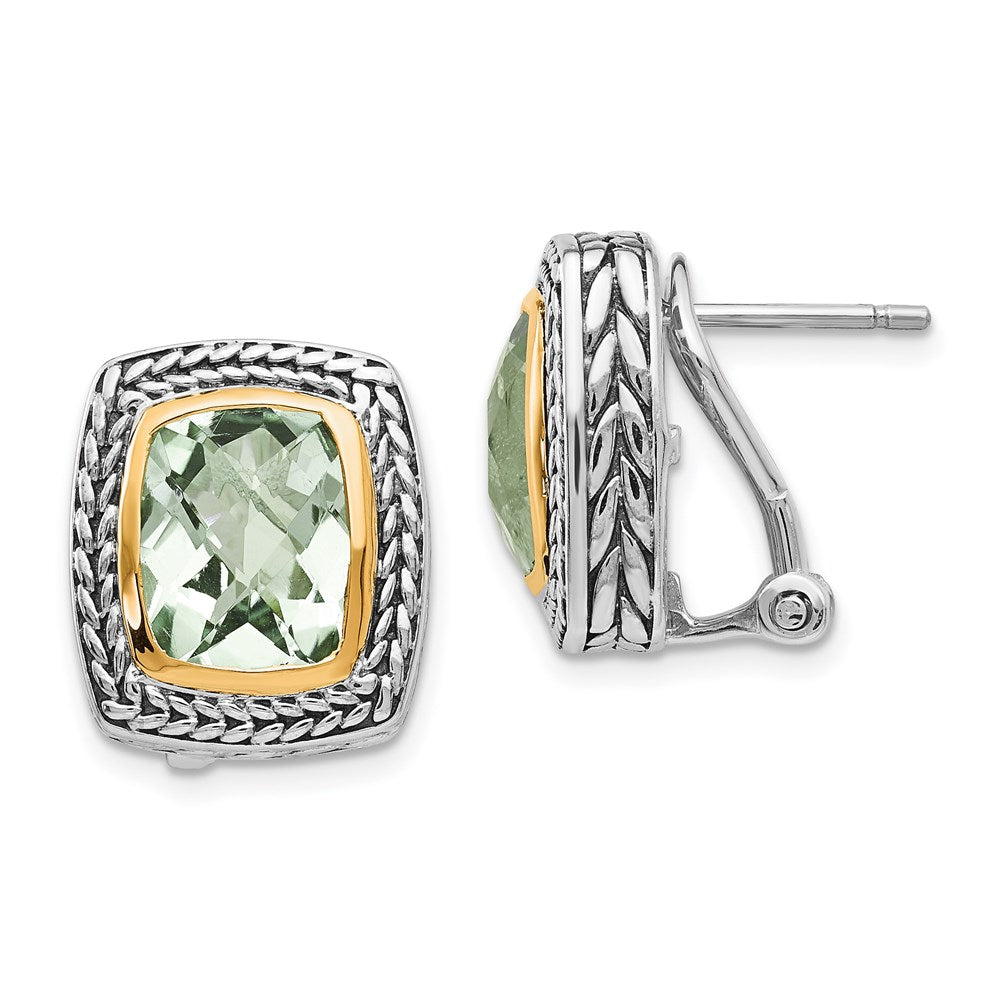 Shey Couture Sterling Silver with 14K Accent Antiqued Cushion Bezel Green Quartz Omega Back Earrings