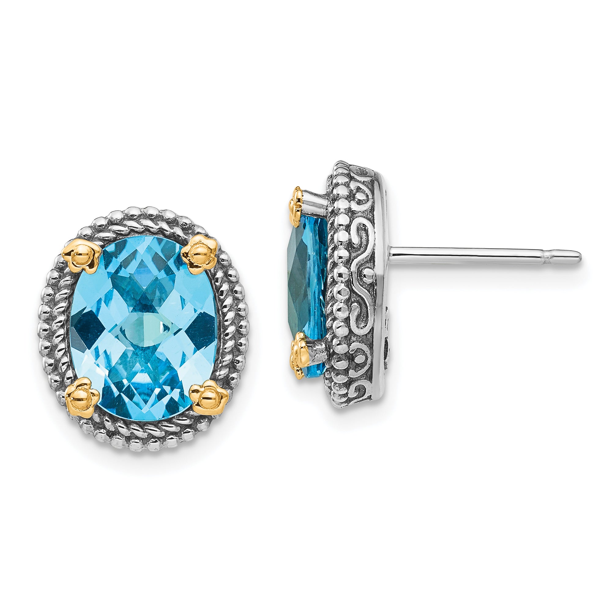 Shey Couture Sterling Silver with 14K Accent Antiqued Oval Swiss Blue Topaz Post Earrings