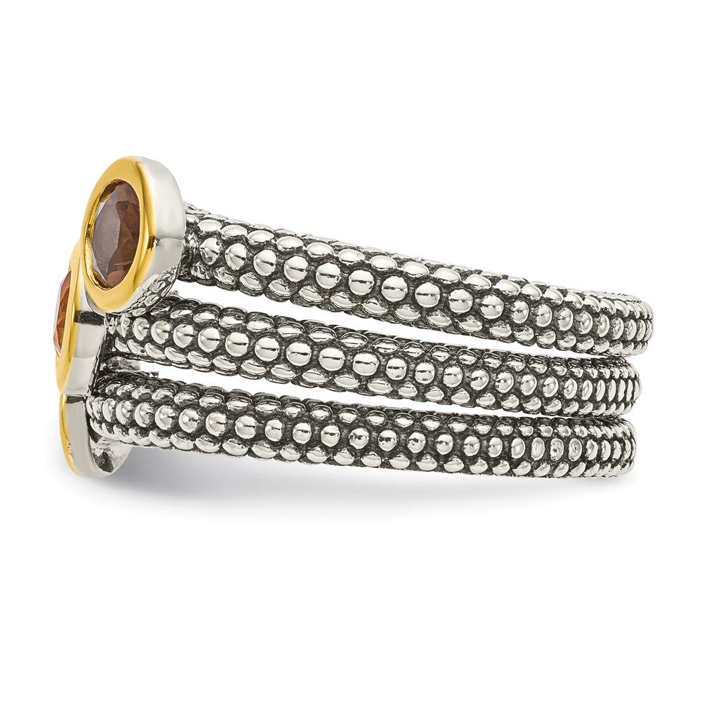 Shey Couture Sterling Silver Gold-tone Flash Gold-plated Antiqued Round Bezel .30Garnet/.20Citrine/.20Smoky Quartz 3 Stack...