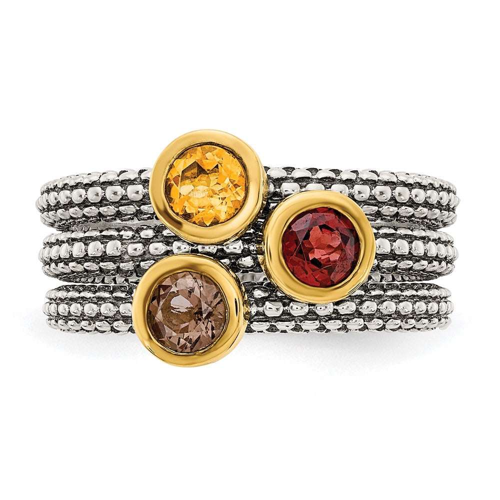 Shey Couture Sterling Silver Gold-tone Flash Gold-plated Antiqued Round Bezel .30Garnet/.20Citrine/.20Smoky Quartz 3 Stack...