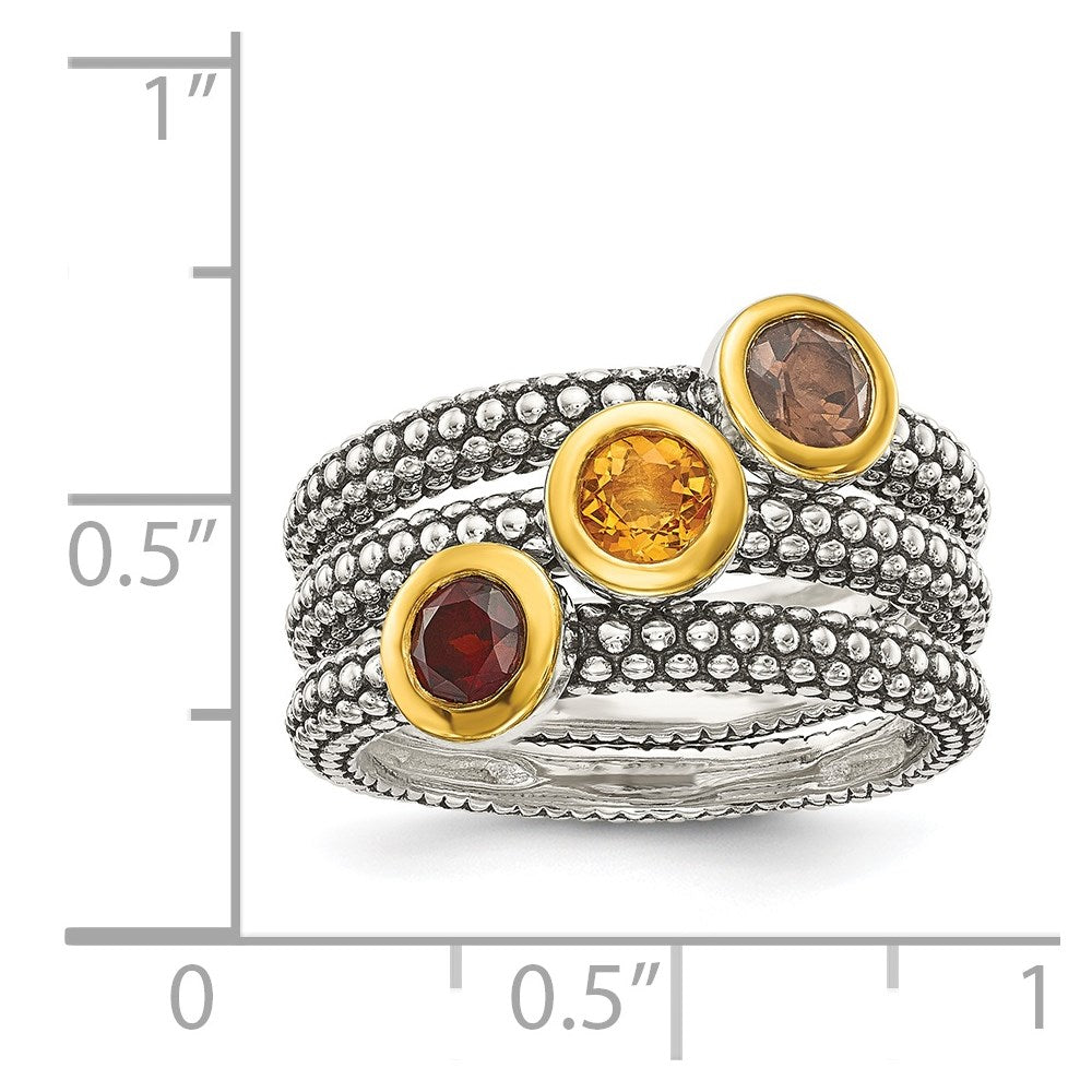 Shey Couture Sterling Silver Gold-tone Flash Gold-plated Antiqued Round Bezel .30Garnet/.20Citrine/.20Smoky Quartz 3 Stack...