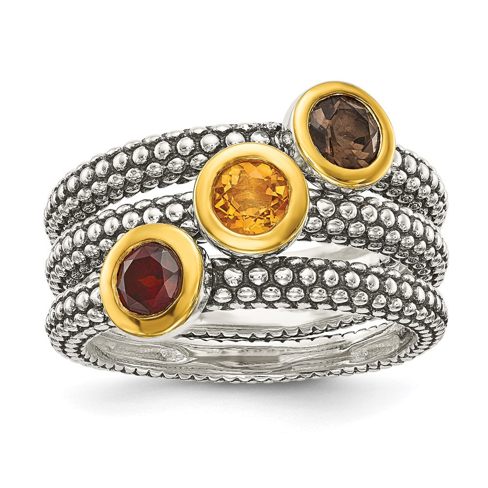 Shey Couture Sterling Silver Gold-tone Flash Gold-plated Antiqued Round Bezel .30Garnet/.20Citrine/.20Smoky Quartz 3 Stack...