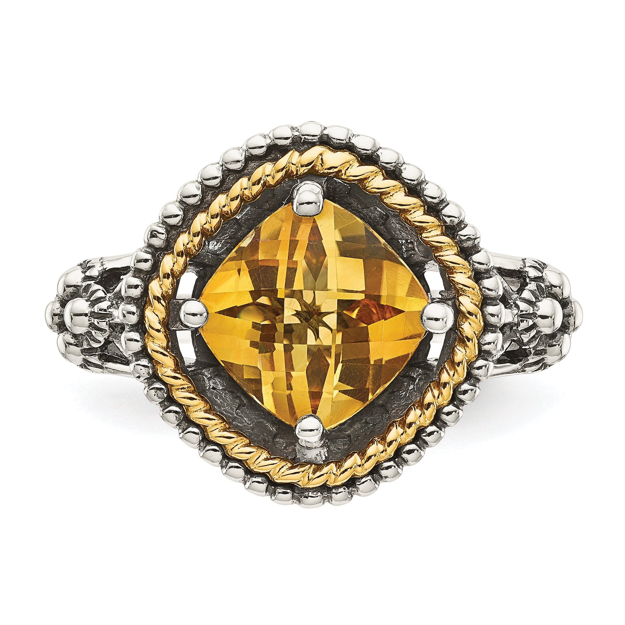 Shey Couture Sterling Silver with 14K Accent Antiqued Cushion Citrine Ring