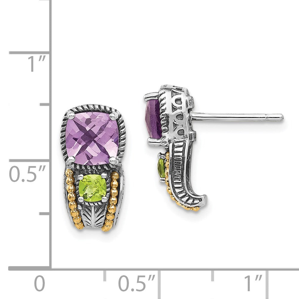 Shey Couture Sterling Silver with 14K Accent Antiqued Cushion 1.50 Amethyst and .24 Peridot Post Earrings