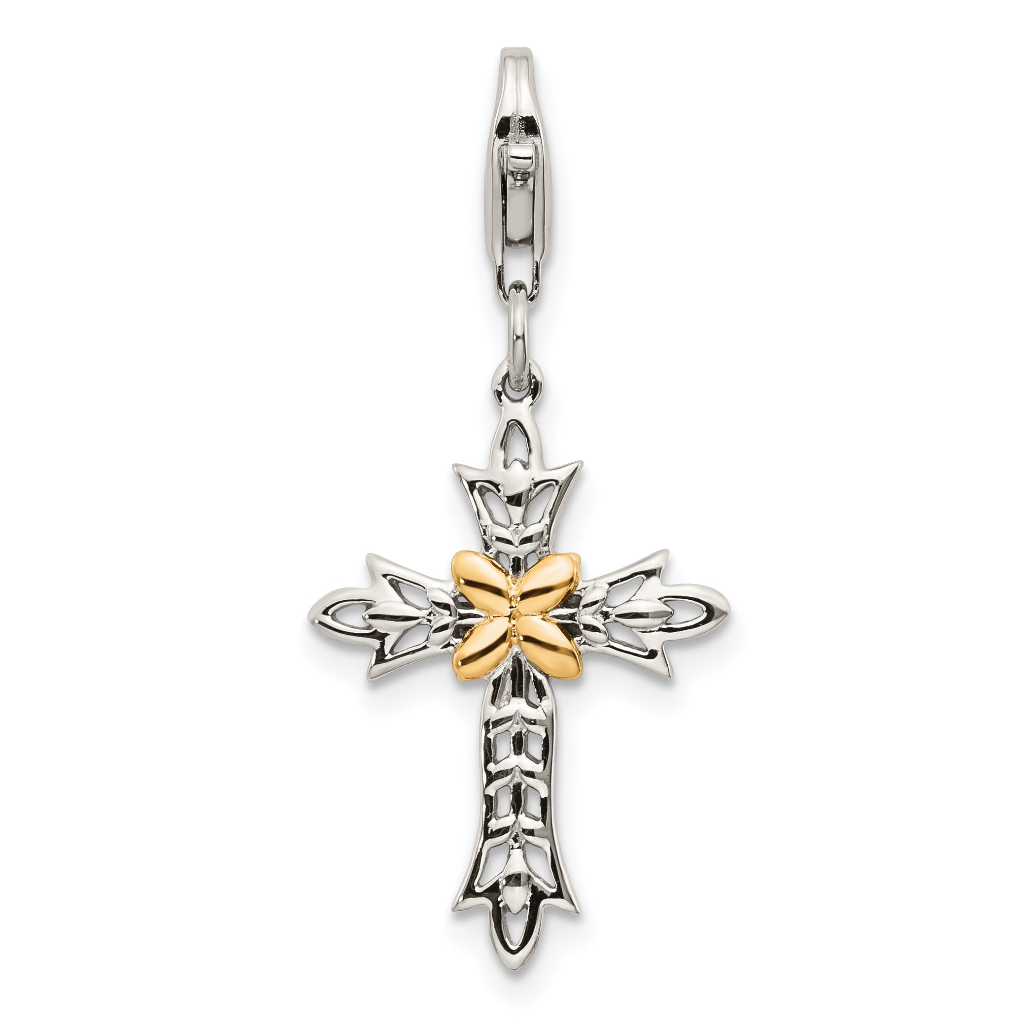 Shey Couture Sterling Silver with 14K Accent Antiqued 3-D Antiqued Cross with Lobster Clasp Charm