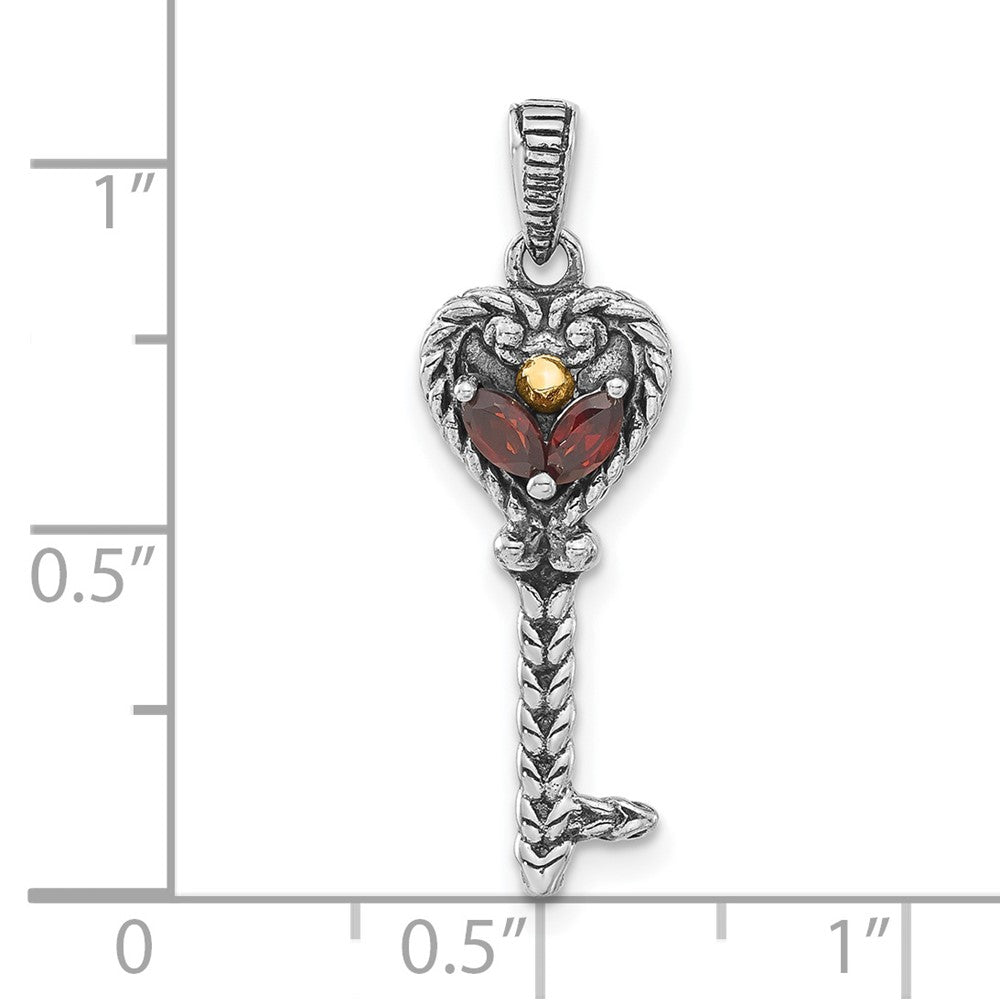 Sterling Silver w/14k Accent Polished & Antiqued Garnet Key Pendant