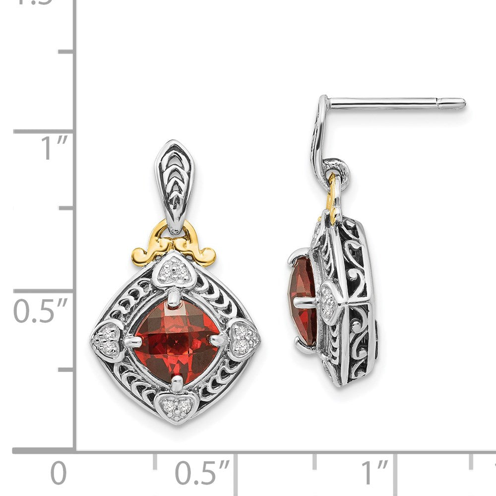 Shey Couture Sterling Silver with 14K Accent Antiqued Diamond and Cushion Garnet Post Dangle Earrings