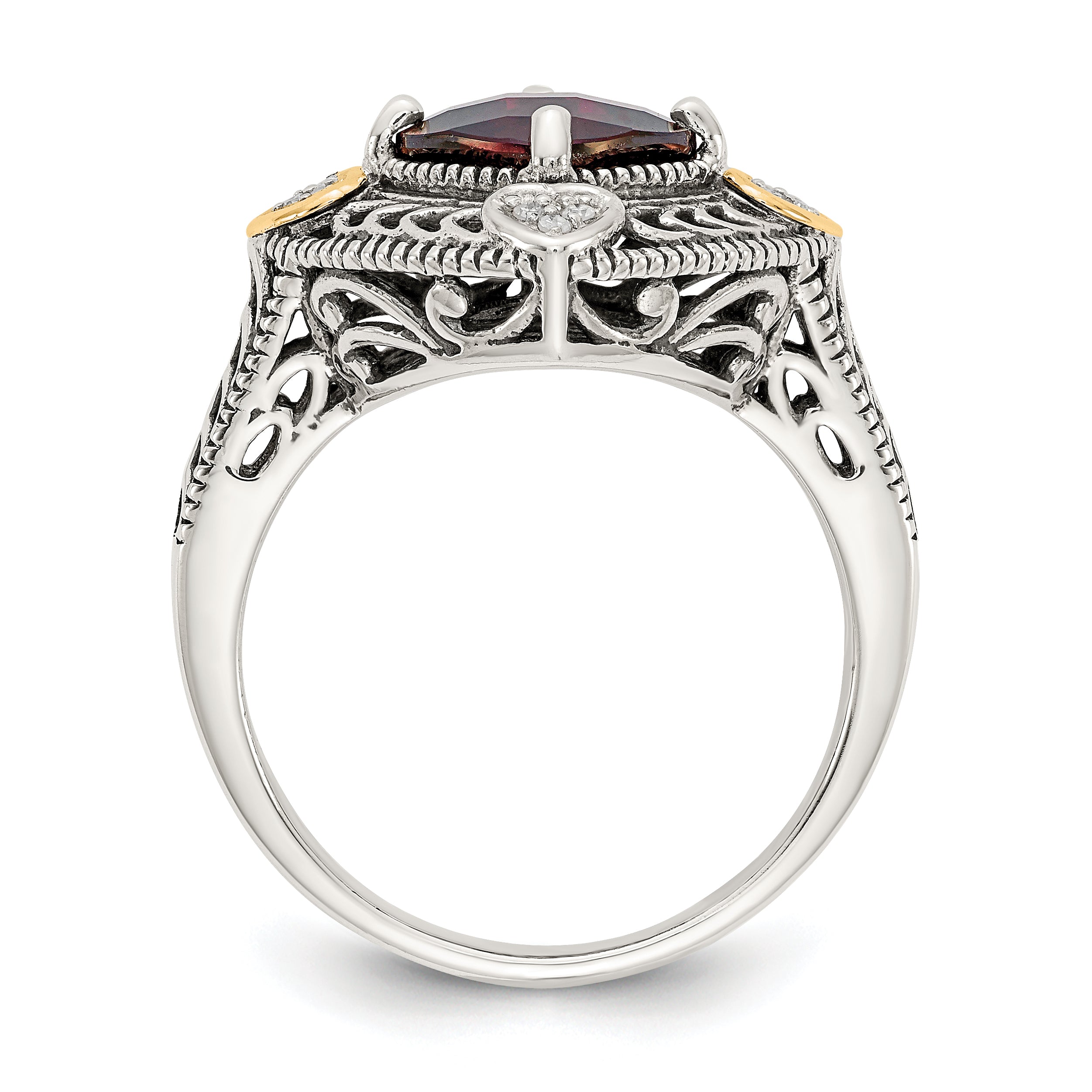 Shey Couture Sterling Silver with 14K Accent Antiqued Diamond and Checkerboard Cushion Garnet Ring