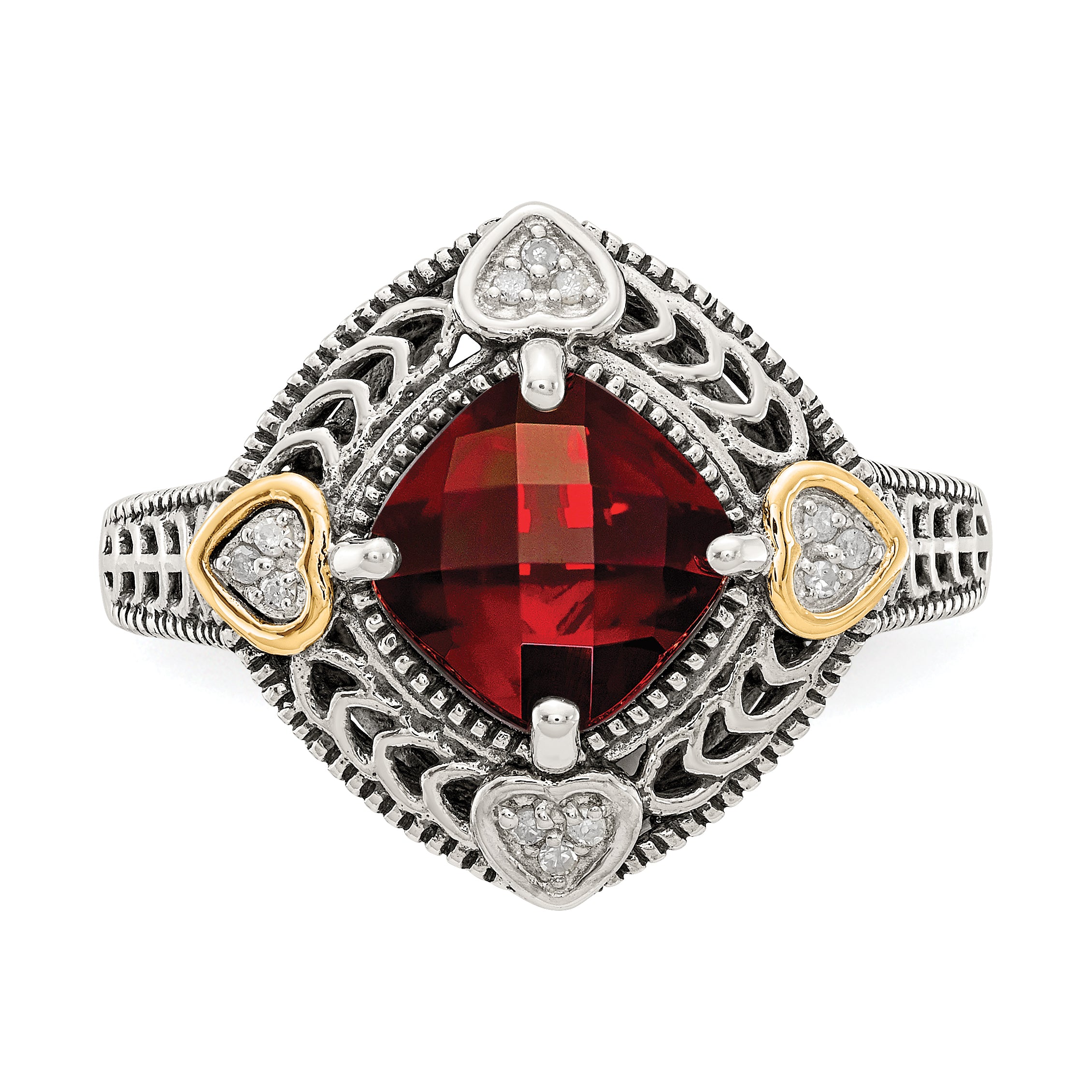 Shey Couture Sterling Silver with 14K Accent Antiqued Diamond and Checkerboard Cushion Garnet Ring