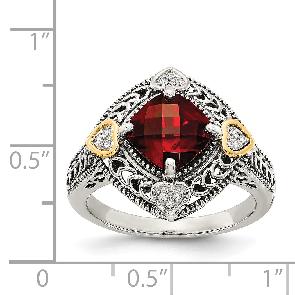 Shey Couture Sterling Silver with 14K Accent Antiqued Diamond and Checkerboard Cushion Garnet Ring