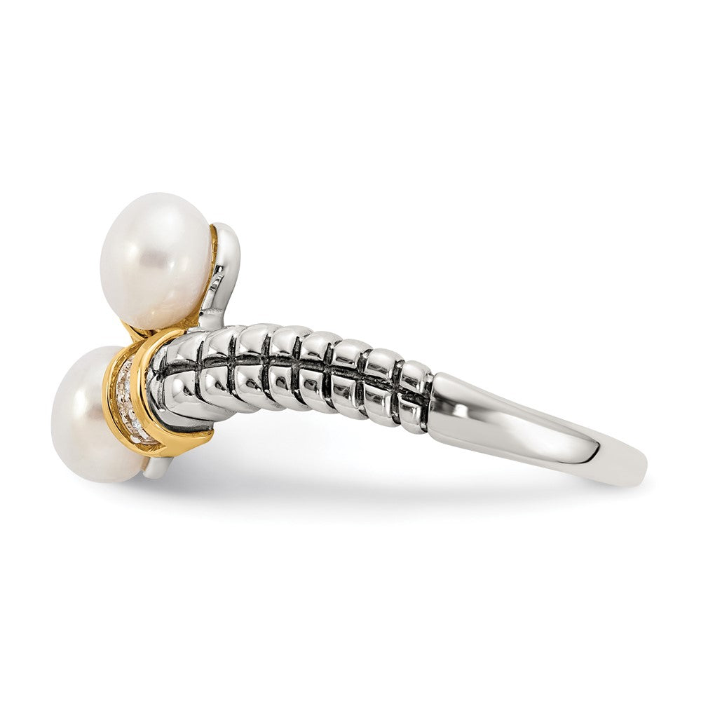 Shey Couture Sterling Silver with 14K Accent Antiqued 5.5-6mm Freshwater Cultured Pearl and Diamond By-Pass Ring