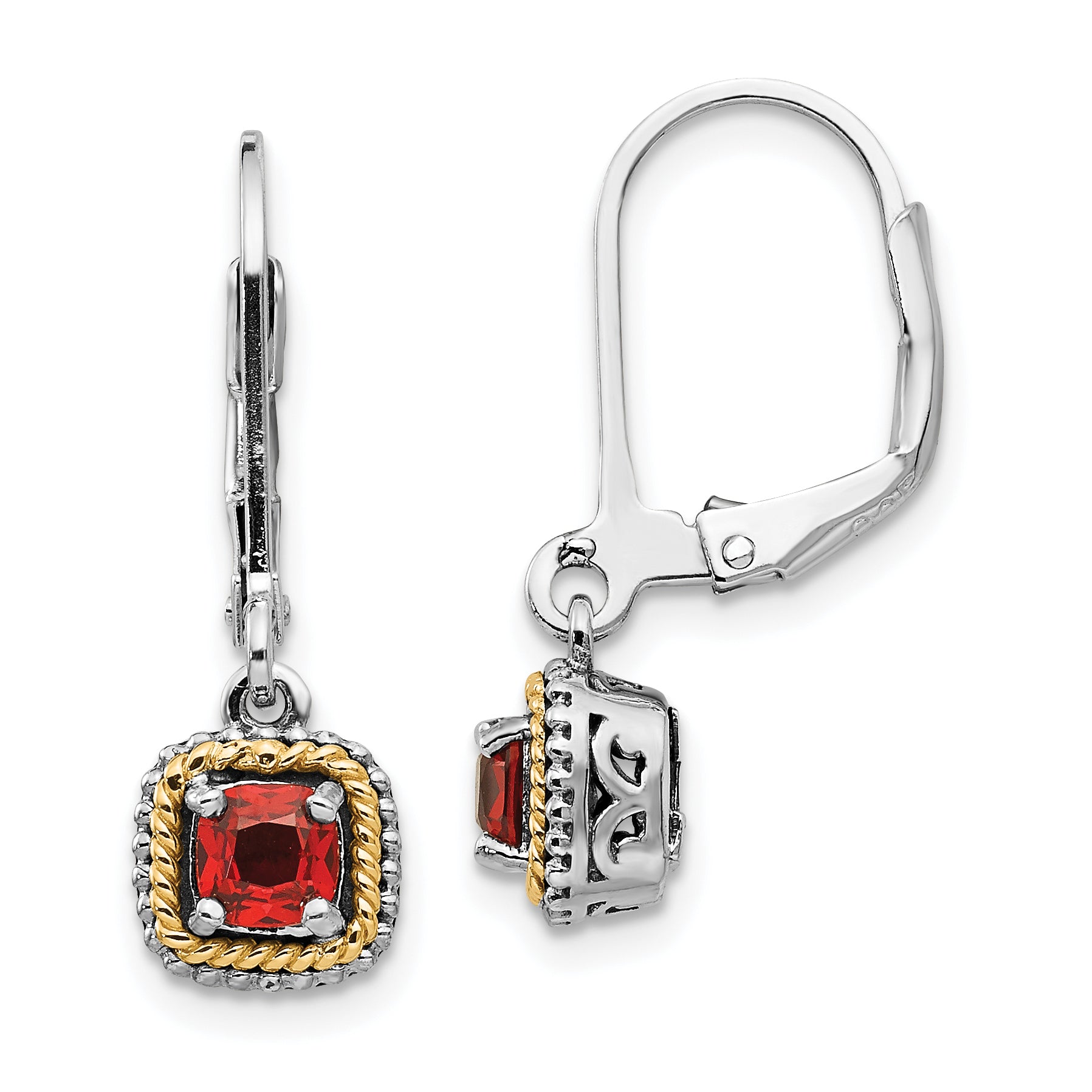 Shey Couture Sterling Silver with 14K Accent Antiqued Cushion Garnet Leverback Earrings