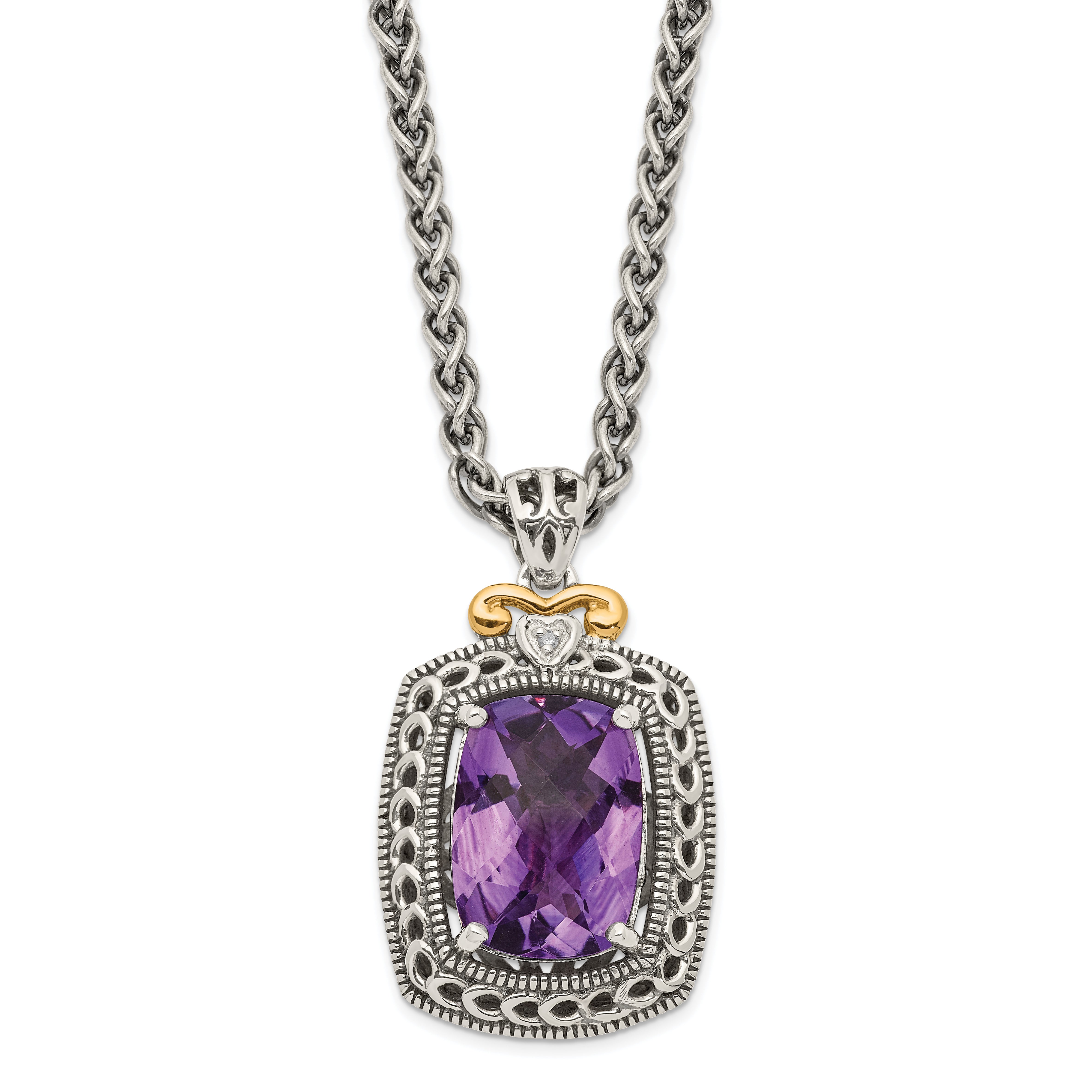 Shey Couture Sterling Silver with 14K Accent 18 Inch Antiqued Checkerboard-cut Cushion Amethyst and Diamond Necklace