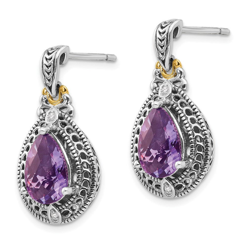 Shey Couture Sterling Silver with 14K Accent Antiqued Diamond and Pear Shaped Amethyst Earrings