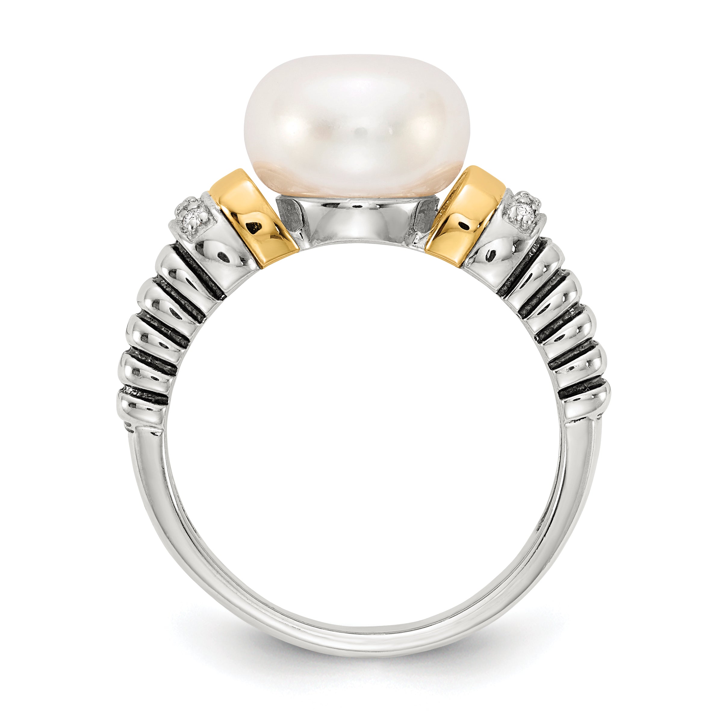 Shey Couture Sterling Silver with 14K Accent Antiqued Diamond and 9.5-10mm Freshwater Cultured Pearl Ring
