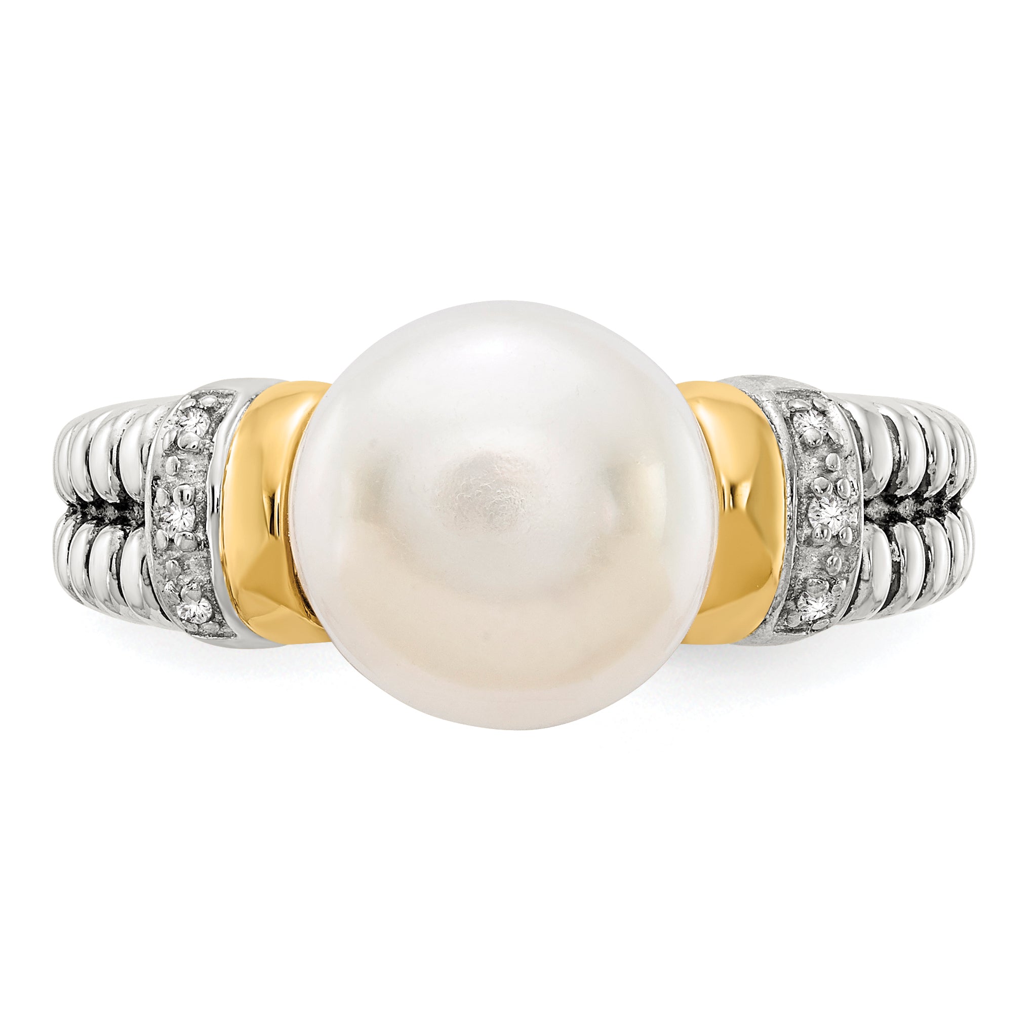 Shey Couture Sterling Silver with 14K Accent Antiqued Diamond and 9.5-10mm Freshwater Cultured Pearl Ring