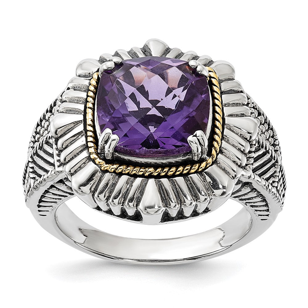 Sterling Silver w/14k Polished & Antiqued Textured Amethyst Ring