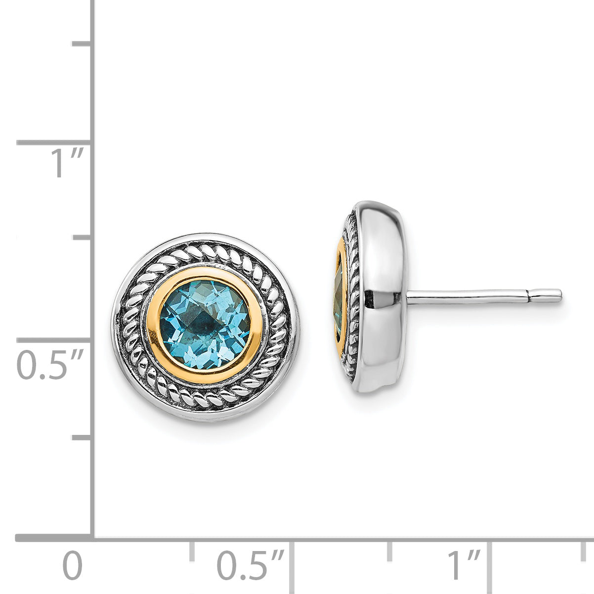 Shey Couture Sterling Silver with 14K Accent Antiqued Round Blue Topaz Post Earrings