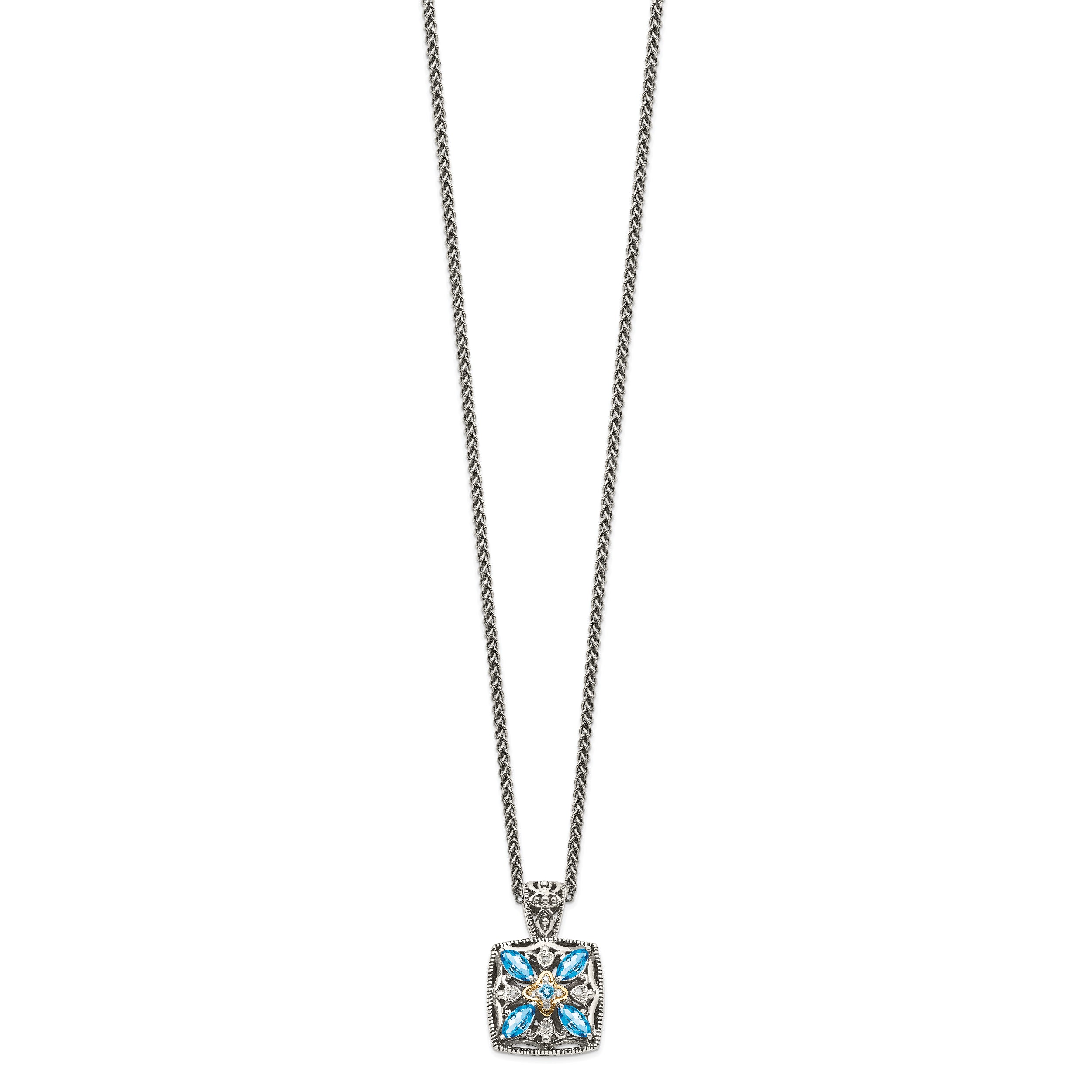 Shey Couture Sterling Silver with 14K Accent 18 Inch Antiqued Diamond and Marquise Blue Topaz Necklace