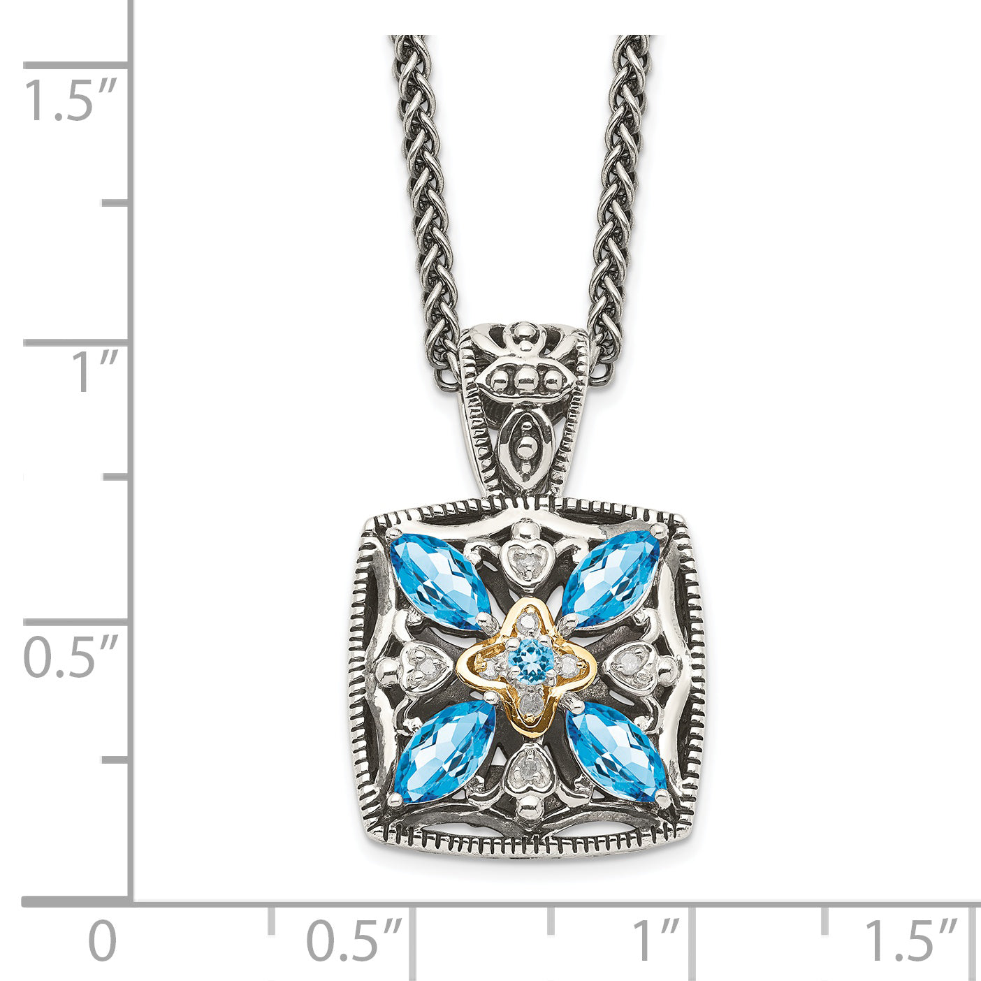 Shey Couture Sterling Silver with 14K Accent 18 Inch Antiqued Diamond and Marquise Blue Topaz Necklace