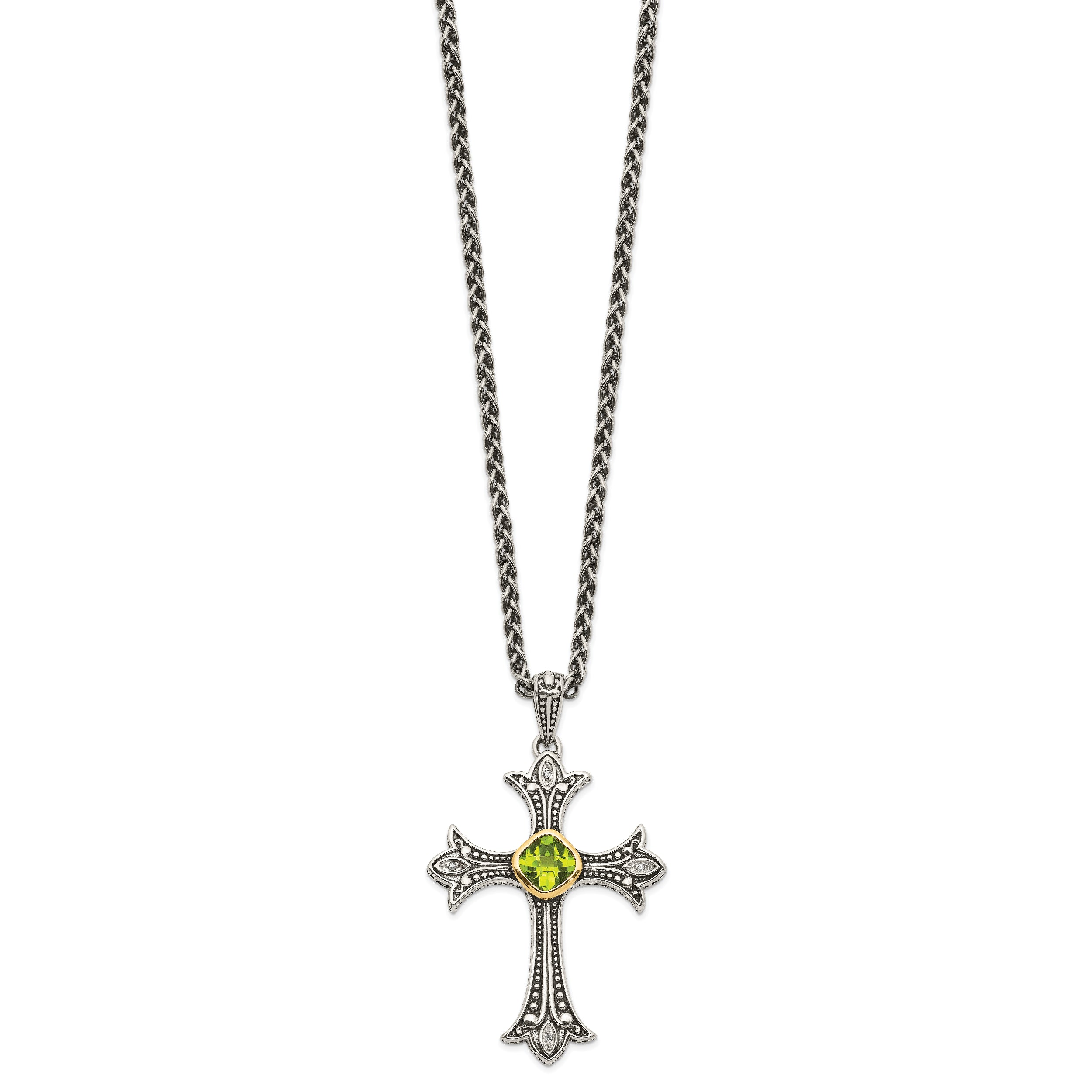 Shey Couture Sterling Silver with 14K Accent 18 Inch Antiqued Diamond and Cushion Bezel Peridot Necklace