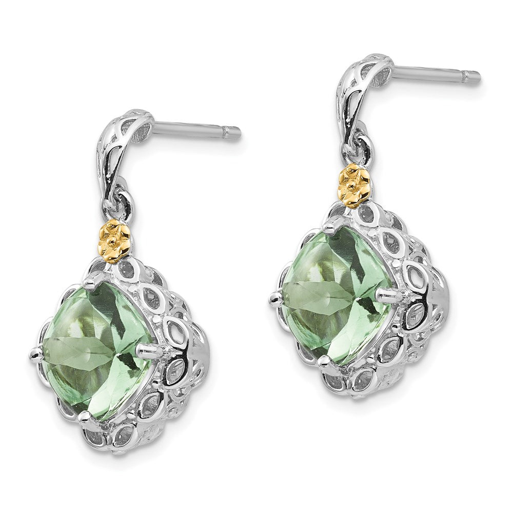 Shey Couture Sterling Silver Rhodium-plated with 14K Accent Cushion Green Quartz Post Dangle Earrings